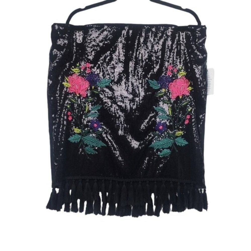 Eloquii Black Sequin Floral Embroidered Tassel Hem Skirt Size 18 NWT